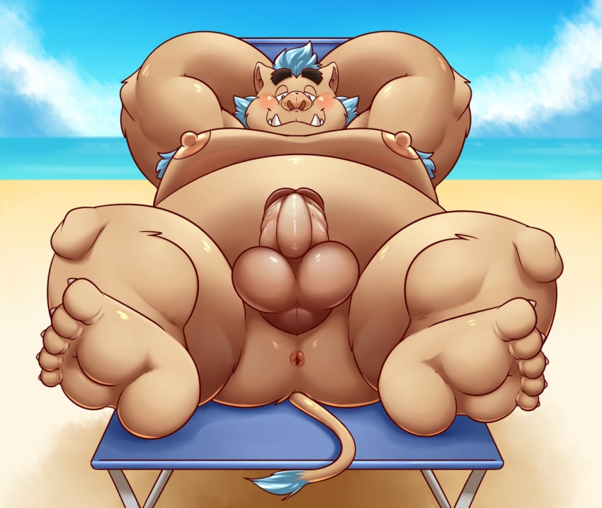 anthro anus armpit_hair balls belly blue_hair blush body_hair darknessminotaur erection genitals gouryou hair male male_only mammal moobs nipples nude overweight overweight_anthro overweight_male penis perineum solo suid suina sus_(pig) tokyo_afterschool_summoners video_games wild_boar