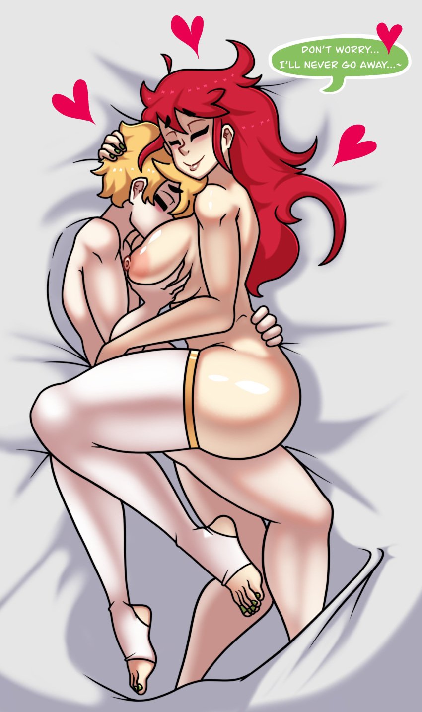 1boy 1boy1girl 1girls alternate_timeline blonde_hair bubble_butt closed_eyes cuddling curvy english_text female good_end groping_breasts hand_on_back happy_sex head_between_breasts huge_breasts jaune_arc long_hair lying_on_bed lying_on_side nipples owl_pie pyrrha_nikos red_hair rwby sex short_hair smile speech_bubble stirrup_legwear stirrup_socks stirrup_stockings stirrup_thighhighs stockings straight text thighhighs voluptuous wholesome