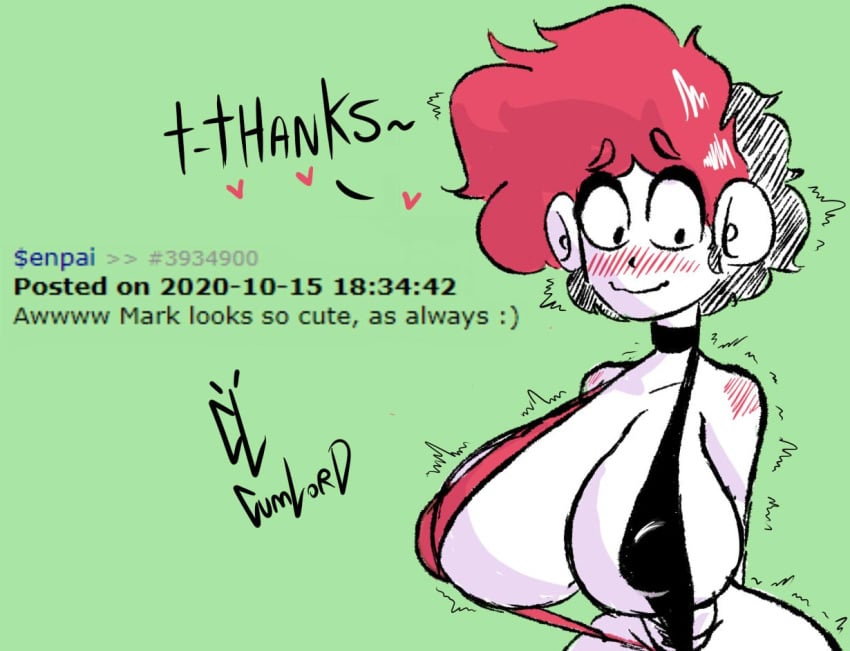 1girls big_ass big_breasts big_butt big_nipples bikini blush breasts choker cumlord cumlord_(artist) dialogue female female_focus female_only flush huge_breasts human just_coffee markiplier nipples red_hair rule_34_comment rule_63 short_hair shy solo text twitch_lines wide_hips