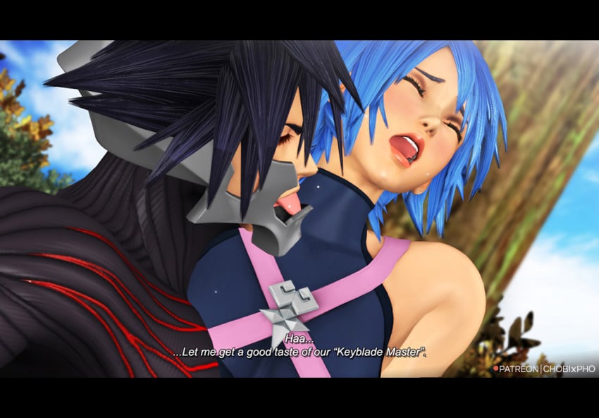 1boy 1girls 3d aqua_(kingdom_hearts) blue_hair chobixpho disney kingdom_hearts kingdom_hearts_birth_by_sleep kingdom_hearts_iii licking open_mouth square_enix tongue unversed vanitas