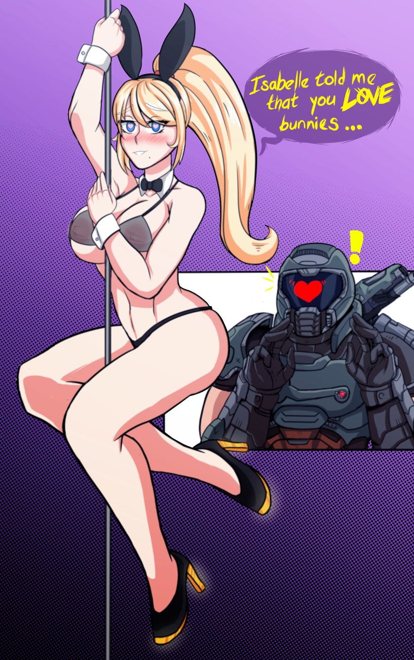 ! 1boy 1girls bethesda_softworks big_breasts big_butt bimbo blonde_hair breasts bunny_costume bunny_ears bunny_girl bunnysuit crossover doom doom_eternal doom_slayer_(doom) english_text female heart heart-shaped_pupils lingerie metroid nintendo nipples nipples_visible_through_clothing pole pool samus_aran seductive seductive_smile sex sexually_suggestive smile stripper_pole suggestive text visible_nipples zero_suit_samus