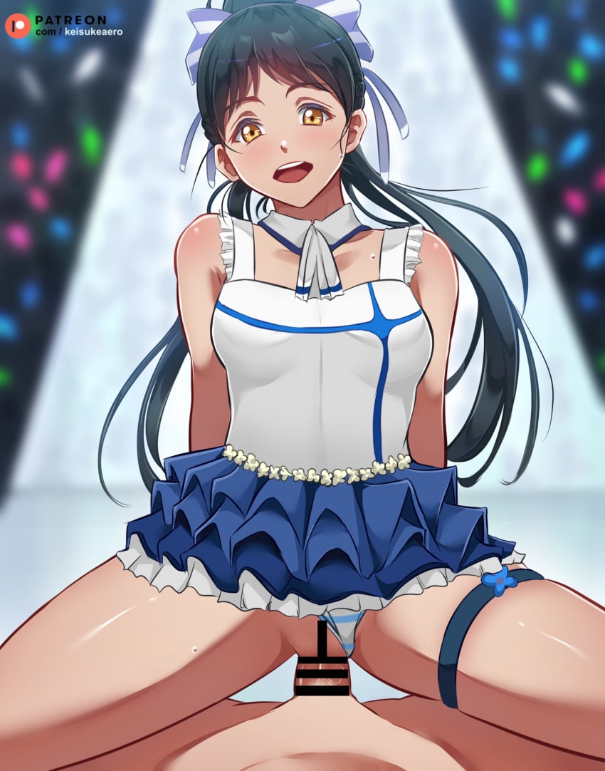 1boy 1girls background bar_censor censored clothed clothed_sex clothes concert dark_hair happy_sex hazuki_ren idol keisuke_aero light-skinned_female light-skinned_male light_brown_eyes light_skin long_hair love_live! love_live!_superstar!! panties panties_aside penetration penis pussy sex sweat vaginal_penetration