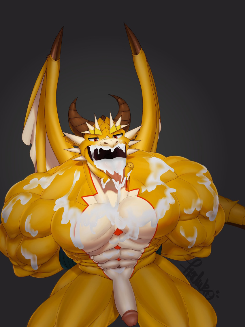 3:4 abs anthro biceps bodily_fluids bound cum cum_in_mouth cum_inside cum_on_body cum_on_face dragon fur furry gay genital_fluids genitals haduko1 hi_res kneeling male male_only muscular muscular_anthro muscular_male open_mouth ophion pecs penis solo solo_male submissive submissive_male tokyo_afterschool_summoners video_games wings yaoi yellow_body