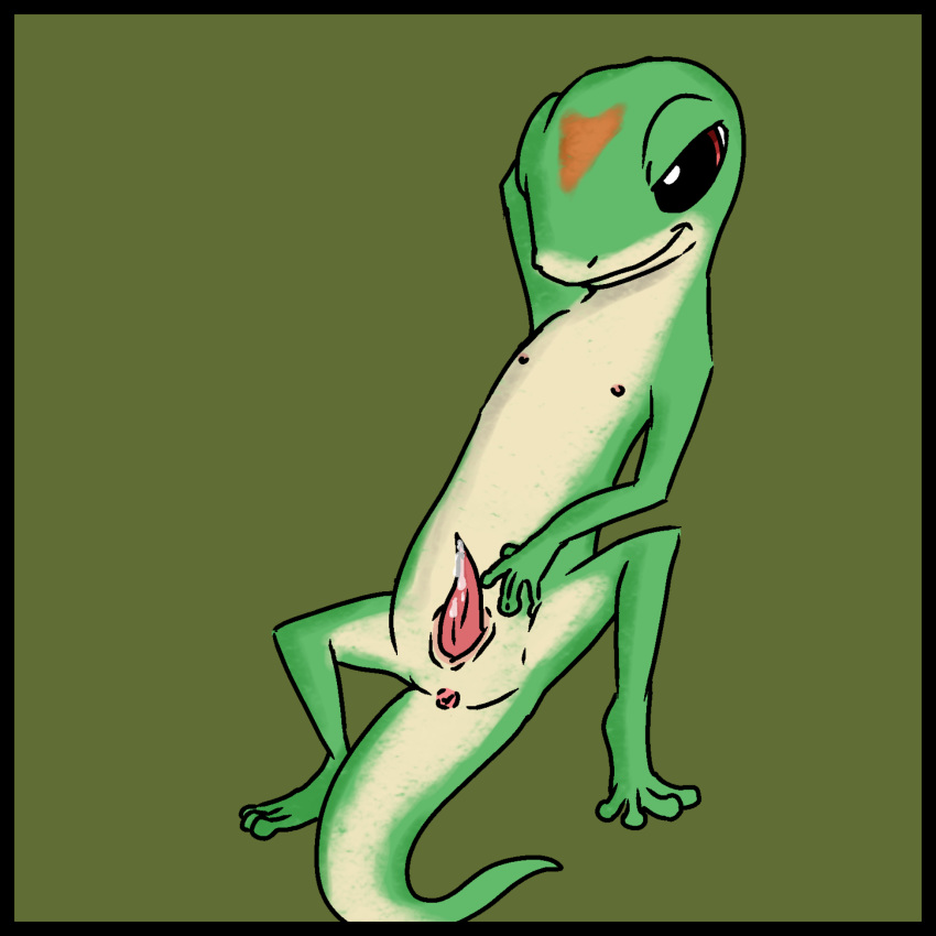 1:1 anthro black_border bodily_fluids border feral gecko geico geico_gecko genital_fluids genitals half-closed_eyes hi_res lizard lying male male_only mascot muffinlewds narrowed_eyes nipples on_back penis reptile scalie smile solo solo_focus spread_legs spreading