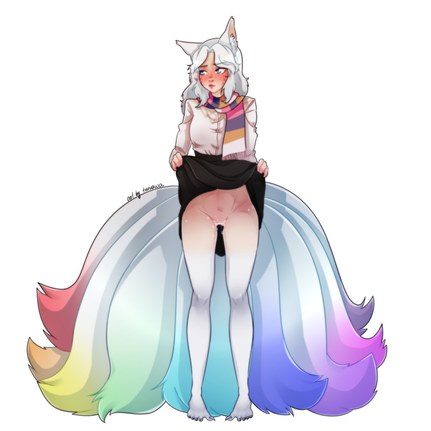 1girls aki_amari embarrassed fire_emblem fire_emblem:_three_houses furry kitsune rainbow_fur skirt_lift solo white_fur white_hair