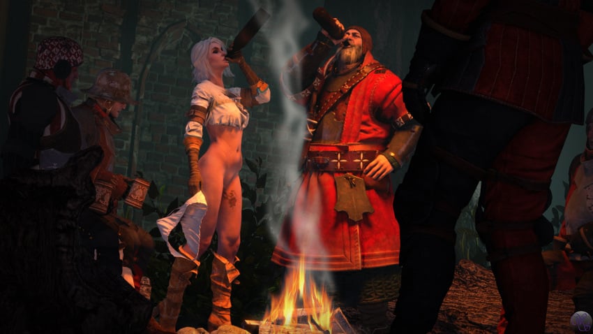 1girls 3d 4boys bonfire cd_projekt_red ciri clothed_male_nude_female drinking no_panties phillip_strenger the_witcher the_witcher_(series) the_witcher_3:_wild_hunt undressing weebstank