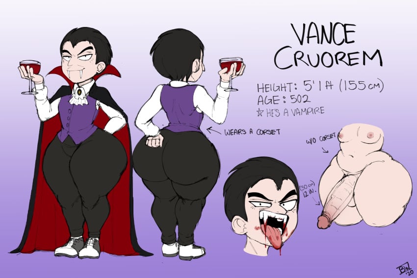 big_ass big_ass_(male) blackwhiplash blood_on_mouth bwl character_sheet dilf fangs femboy foreskin_pull huge_ass huge_cock male male_only thick_thighs vampire vance_cruorem wide_hips