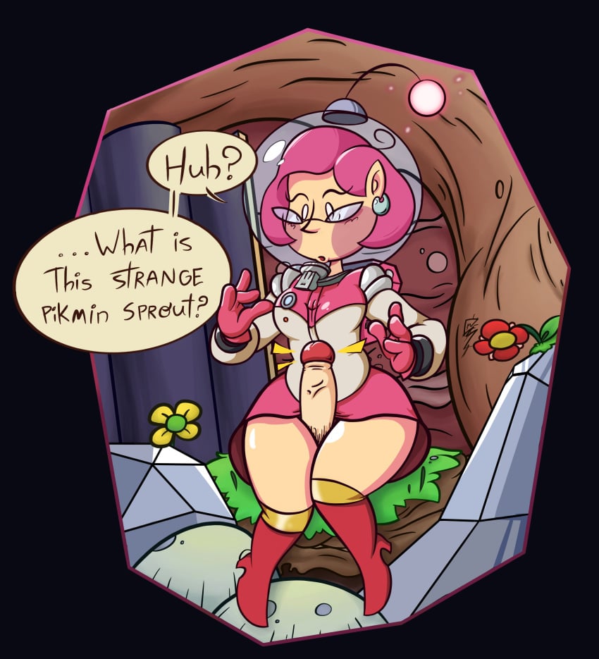 astronaut astronaut_suit beady_eyes boner brittany_(pikmin) darkness deep_cave dialogue dialogue_bubble earrings exposed_thighs female futanari gasp glasses high_heel_boots mob_face paddycakes! pikmin pink_hair pointy_ears surprised