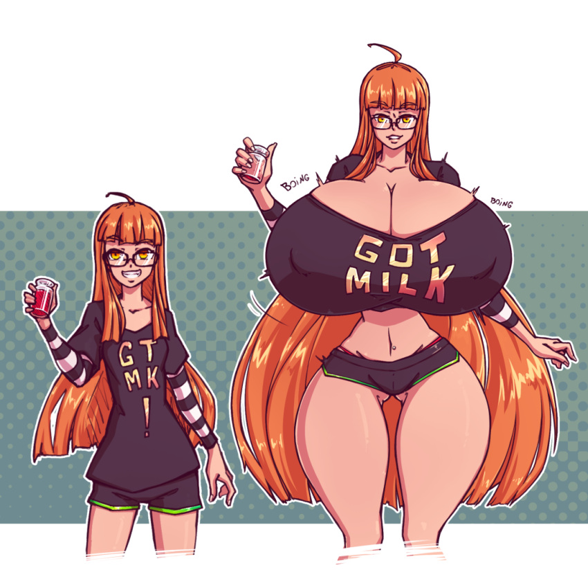 1girls 2021 aged_up alternate_body_type before_and_after booty_shorts bottle breast_expansion breasts breasts_bigger_than_head cleavage clothing color drink female female_only glasses got_milk growth huge_breasts long_hair looking_at_viewer n647 navel_piercing nipple_bulge orange_hair persona persona_5 puffy_nipples sakura_futaba sega shadow_self_(persona) shirt shorts smile solo striped_armwear text thin_waist thong transparent_background very_long_hair voluptuous wasp_waist wide_hips yellow_eyes