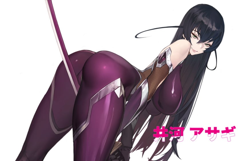 1girls ass bare_shoulders bent_over black_hair bodysuit breasts cameltoe duto female female_only fishnets green_eyes highres holding_weapon igawa_asagi japanese_text katana long_hair looking_at_viewer looking_back narrowed_eyes pale-skinned_female pale_skin purple_bodysuit slender_waist smiling solo solo_female solo_focus taimanin_(series) taimanin_asagi thick_thighs tight_clothing white_background