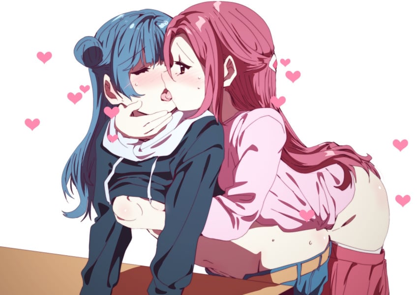 2girls arm_support bangs belt black_hoodie blue_hair blush breast_grab closed_eyes ecoman eyebrows_visible_through_hair french_kiss grabbing hair_bun hair_ornament hand_on_another's_chin heart highres hood hoodie implied_futanari implied_sex kissing love_live! love_live!_sunshine!! multiple_girls navel pink_sweater red_eyes red_hair sakurauchi_riko shiny shiny_hair side_bun skirt skirt_pull sweatdrop sweater table thighs tongue tongue_out tsushima_yoshiko yellow_belt yuri