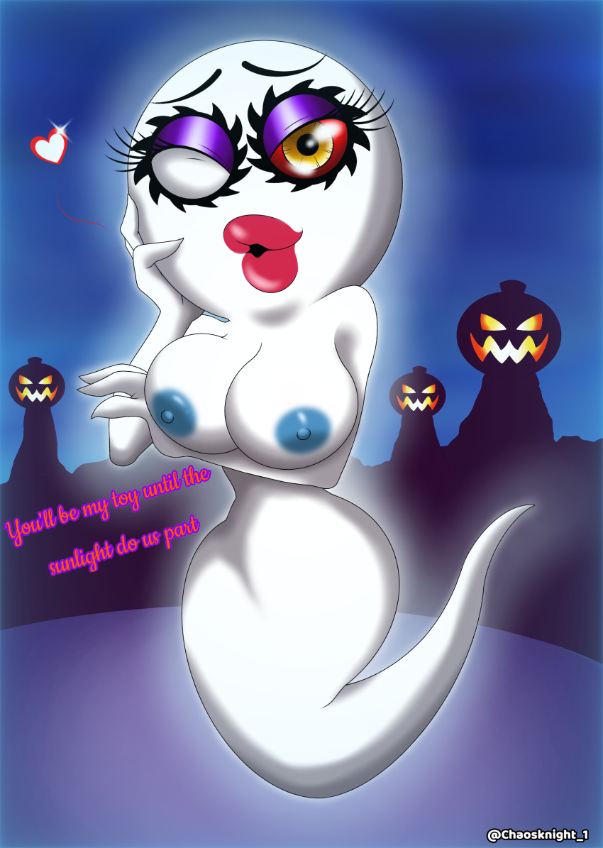 1girls blue_nipples boo_(sonic) chaosknight_1 ghost ghost_girl halloween kissing lipstick looking_at_viewer nipples project_x_love_potion_disaster pumpkin seductive sonic_(series) sonic_the_hedgehog_(series) sonic_x text white_skin yellow_eyes