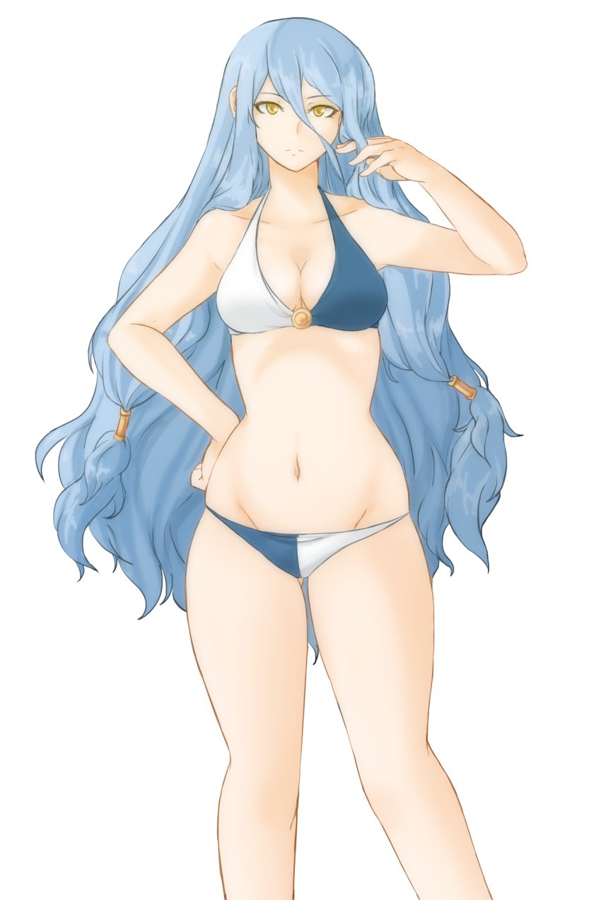 archived_source ass_visible_through_thighs azura_(fire_emblem) bare_shoulders bikini blue_hair blush breasts closed_mouth collarbone curvy disappointed eyebrows_visible_through_hair female fire_emblem fire_emblem_fates fire_emblem_heroes frown groin hair_between_eyes hair_ornament hand_on_hip highres holding holding_hair light_blue_hair light_blush long_hair looking_at_viewer navel nintendo scowl small_breasts solo swimsuit thighs transparent_background tridisart very_long_hair yellow_eyes