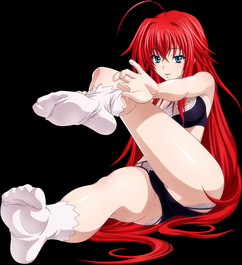 ahoge ankle_socks anklehighs axfa black_panties blue_eyes bra breasts feet female foot_fetish foot_focus frilled_legwear frilled_socks high_school_dxd highres large_breasts legs light-skinned_female light_skin long_hair looking_at_viewer no_shoes official_art panties putting_on_legwear putting_on_socks red_hair rias_gremory sitting smile socks soles solo underwear white_socks