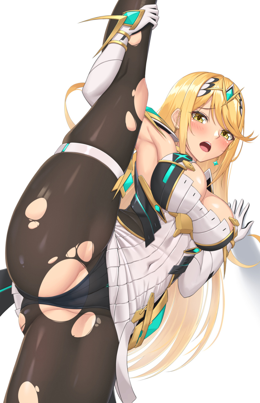 1girls against_wall armpits black_panties blonde_hair breasts cleavage detached_sleeves dress female gloves hair_ornament highres large_breasts long_hair mythra nintendo panties sleeveless sleeveless_dress splits spread_legs sssemiii standing standing_on_one_leg torn_clothes underwear vertical_splits white_dress xenoblade_(series) xenoblade_chronicles_2