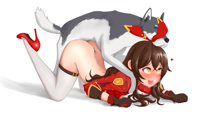 1animal 1boy 1girls amber_(genshin_impact) ambiguous_penetration ass ass_up blush bottomless brown_hair canine female female_penetrated genshin_impact gloves heavy_breathing high_heels interspecies moaning mounting pleasure_face red_high_heels shakuraya thighhighs thighs two_tone_fur white_background white_legwear yellow_eyes zoophilia