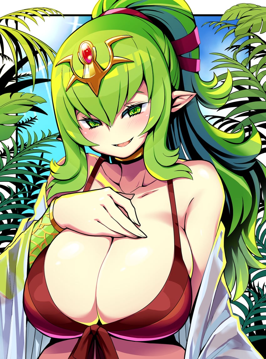 1girls alternate_costume bikini breasts cape cleavage deep_cleavage dress female female_only fire_emblem fire_emblem_awakening fire_emblem_heroes green_eyes green_hair hair_ornament highres kara_age large_breasts long_hair nintendo official_alternate_costume pointy_ears ponytail red_bikini red_dress red_swimsuit side_slit solo strapless strapless_dress swimsuit tiki_(adult)_(fire_emblem) tiki_(adult)_(summer)_(fire_emblem) tiki_(fire_emblem)