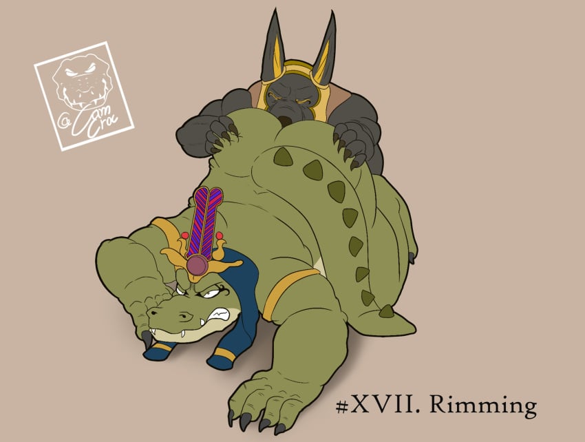 anal anal_sex anthro anubis ass camsan_r_s canid canine canis crocodile crocodilian crocodylid crown deity duo egyptian egyptian_mythology hi_res jackal male male/male mammal middle_eastern_mythology mythology oral overweight penetration reptile rimming scalie sex slightly_chubby sniffing sobek