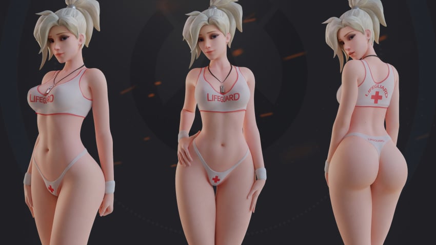 1girls 3d arhoangel ass big_ass blender female female_only looking_at_viewer looking_back mercy overwatch pinup solo thong