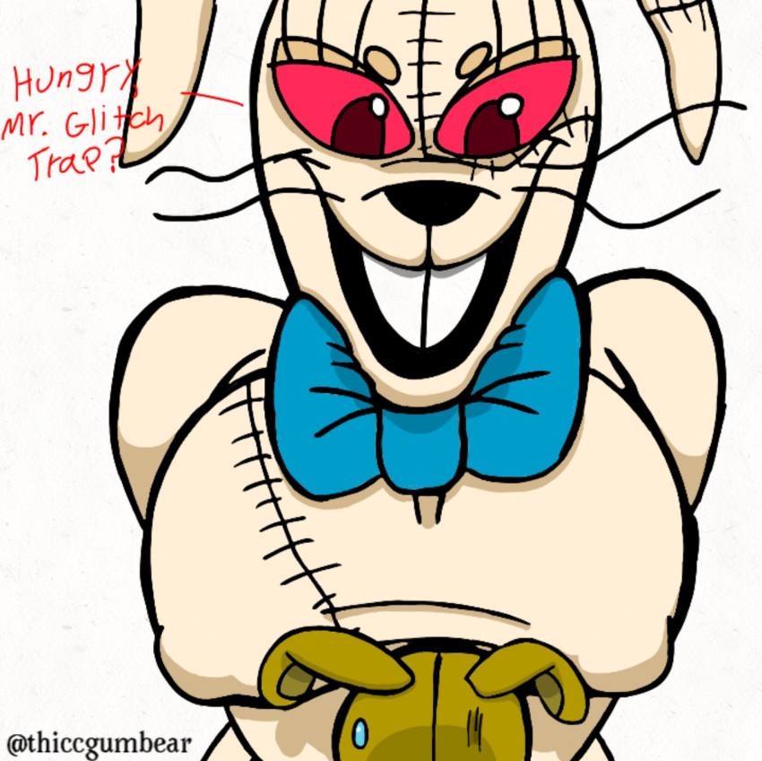 big_breasts big_nipples big_smile blue_bowtie blue_ribbon bunny_ears bunny_girl bunnysuit female female_focus five_nights_at_freddy's five_nights_at_freddy's:_help_wanted five_nights_at_freddy's:_security_breach fnaf glitchtrap nervous rabbit_ears rabbit_girl red_eyes seductive_smile smaller_male squeezing squeezing_breast stitches taller_girl thiccgumbear vanny vanny_(fnaf) whiskers white_rabbit