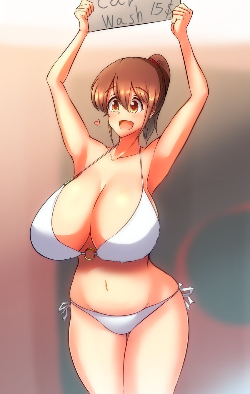 1girls aen030 arms_above_head belly bikini blush brown_hair car_wash female hazel_eyes holding_sign kureha_reimu navel smile touhou voluptuous white_bikini yukkuri_to_rooru_suru_trpg