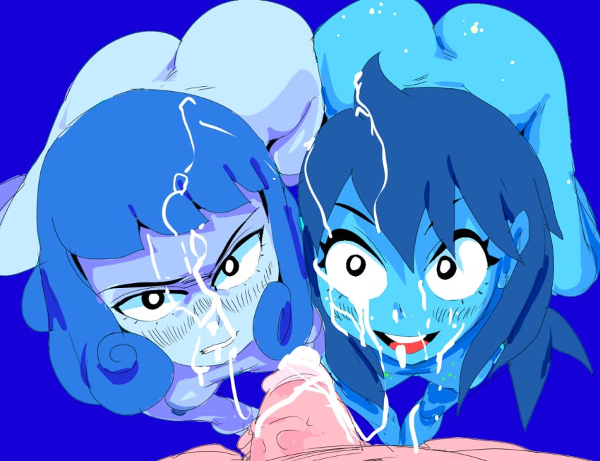 1boy 2girls alien alien_girl angry angry_facial ass_to_ass bent_over blue_girl blue_hair blue_skin blush cartoon_network cum cum_in_hair cum_on_face cum_on_forehead cum_on_hair cum_on_head cum_on_nose eyes_wide_open facial female female_focus gem_(species) human interspecies lapis_lazuli_(gem) lapis_lazuli_(steven_universe) male mean_lapis multiple_facials multiple_girls naked nice_lapis nude on_knees penis sex short_hair steven_universe steven_universe_future threesome tsundere unseen_male_face wide_eyed yev-san