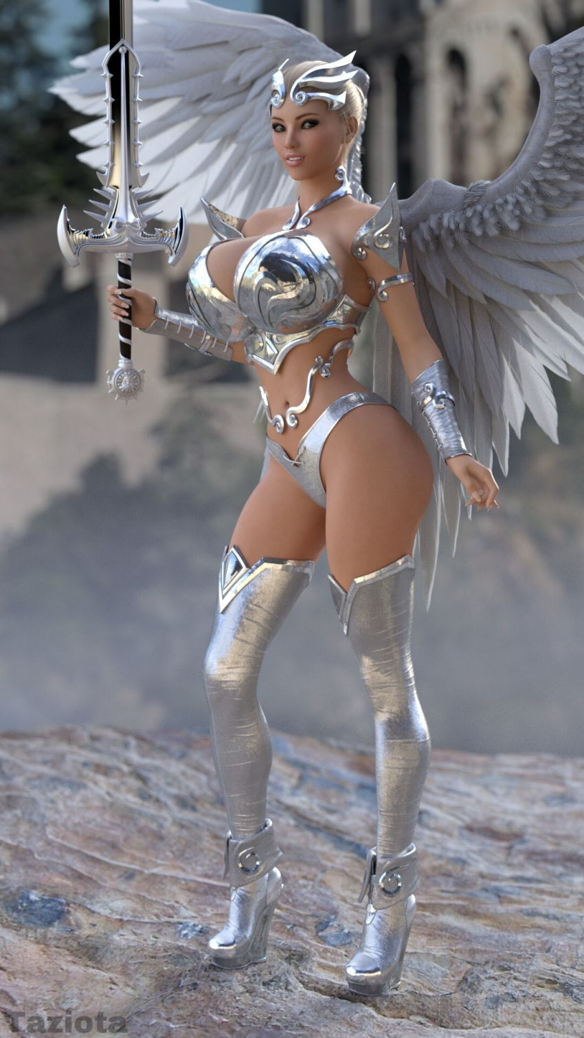 3d angel angel_wings big_ass big_breasts bimbo blonde_hair breasts cleavage high_heels highres hourglass_figure large_breasts looking_at_viewer navel silver slushe_(website) stockings sword taziota wings