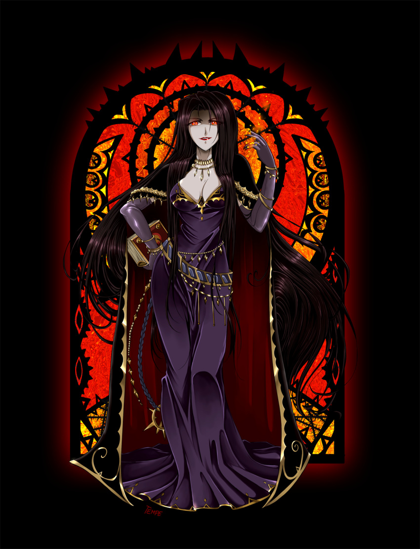 artist_name black_background book bracelet breasts brown_hair cape cleavage dress female fire_emblem fire_emblem:_genealogy_of_the_holy_war full_body gloves hilda_(fire_emblem) jewelry lipstick long_hair makeup medium_breasts necklace nintendo red_eyes simple_background tempe very_long_hair