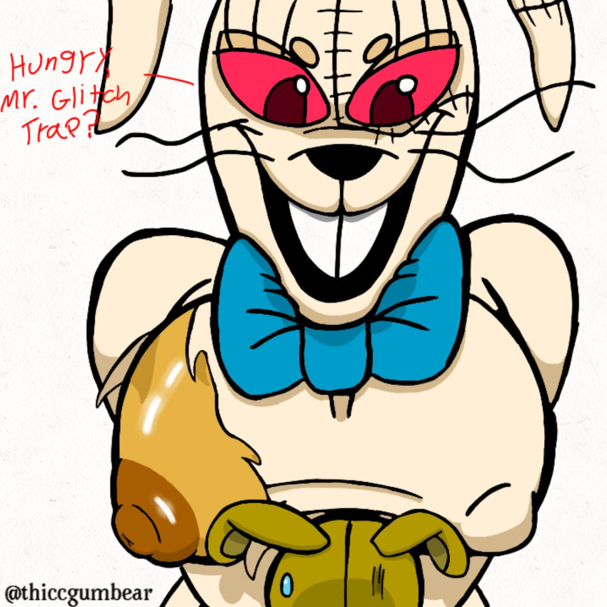 big_breasts big_nipples big_smile blue_bowtie blue_ribbon breasts bunny_ears bunny_girl bunnysuit female female_focus five_nights_at_freddy's five_nights_at_freddy's:_help_wanted five_nights_at_freddy's:_security_breach glitchtrap nervous rabbit_ears rabbit_girl red_eyes ripped_clothing seductive_smile smaller_male squeezing squeezing_breast stitches taller_girl thiccgumbear vanny vanny_(fnaf) whiskers white_rabbit