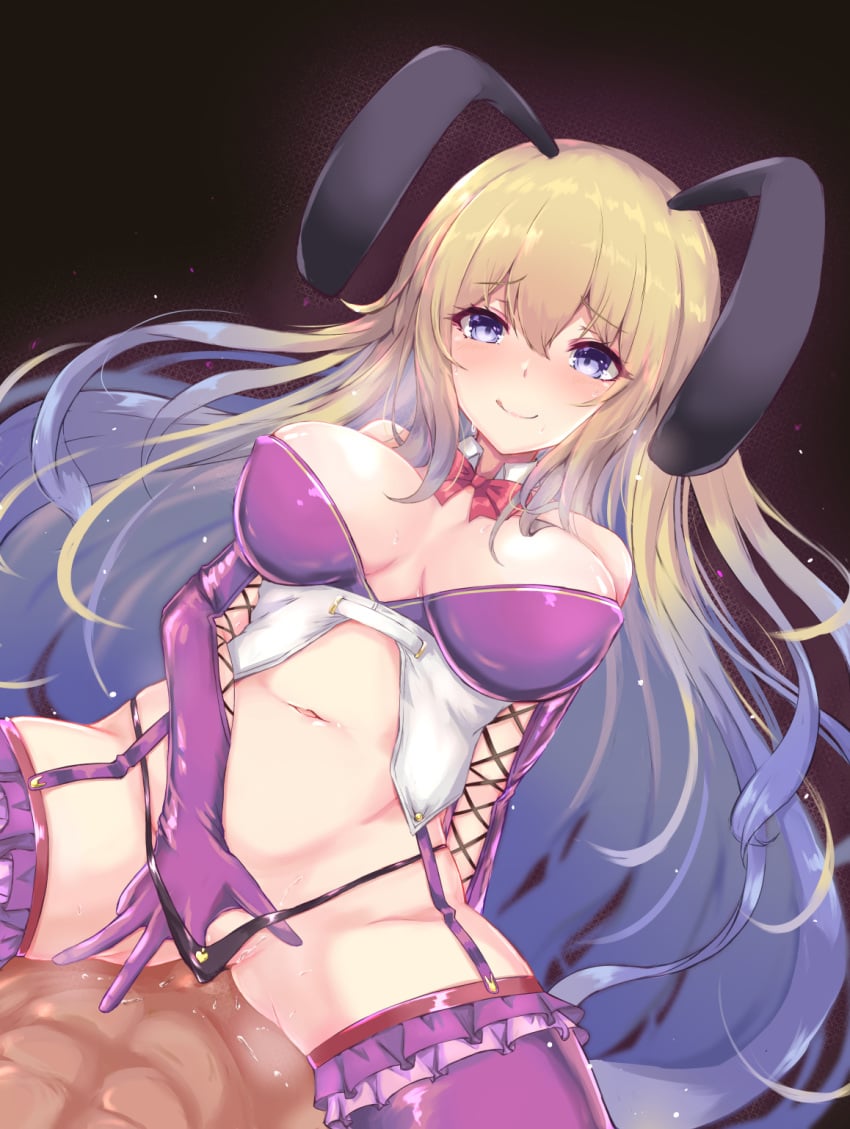 1boy 1girls :q animal_ears black_background black_panties blonde_hair blue_eyes blue_hair breasts bunny_ears cowgirl_position dark-skinned_male dark_skin elbow_gloves female garter_belt gloves gradient_hair habu_rin hand_in_panties highres interracial large_breasts latex latex_gloves light-skinned_female light_skin long_hair multicolored_hair navel original overflow panties purple_gloves purple_legwear sex smile straddling thighhighs tongue tongue_out underwear very_long_hair