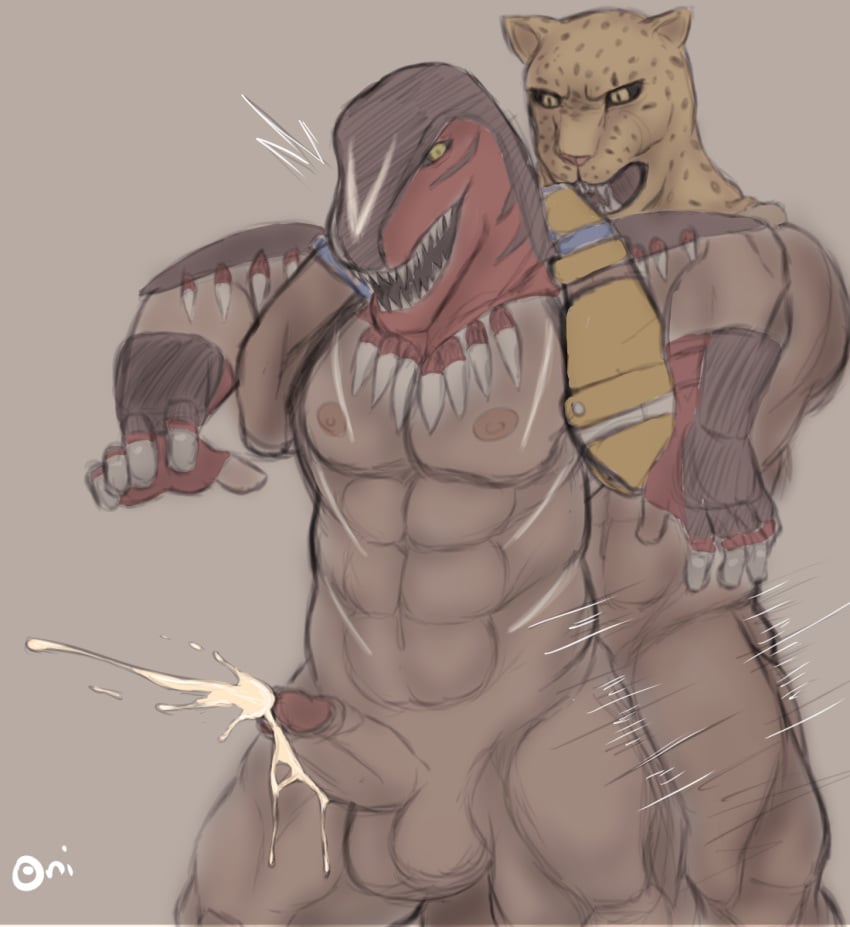 2boys anal anthro balls bara bodily_fluids bottomless cum cum_while_penetrated dinosaur duo forced full-face_mask full_nelson full_nelson_(arms_only) gay hands-free headlock jaguar king_(tekken) king_of_dinosaurs king_of_fighters luchador male male/male male_only mask muscular muscular_male muscular_thighs nude oni_draws tekken wrestling yaoi