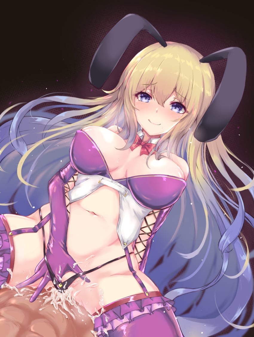 1boy 1girls :q animal_ears black_background black_panties blonde_hair blue_eyes blue_hair breasts bunny_ears cowgirl_position cum cum_in_pussy dark-skinned_male dark_skin elbow_gloves female garter_belt gloves gradient_hair habu_rin hand_in_panties highres interracial large_breasts latex latex_gloves light-skinned_female light_skin long_hair multicolored_hair navel original overflow panties purple_gloves purple_legwear sex smile straddling thighhighs tongue tongue_out underwear very_long_hair