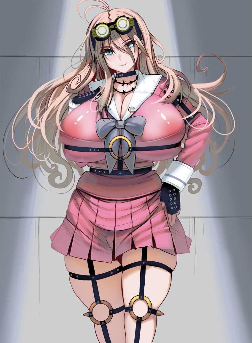 1girls alternate_breast_size blonde_hair blue_eyes bow breasts choker clothed clothing danganronpa danganronpa_v3 female female_focus female_only gloves goggles goggles_on_head hand_on_breast hand_on_hip hips hourglass_figure huge_breasts iruma_miu large_breasts long_hair masao new_danganronpa_v3 no_bra school_uniform skindentation smile straight_hair thick_thighs thighs wide_hips