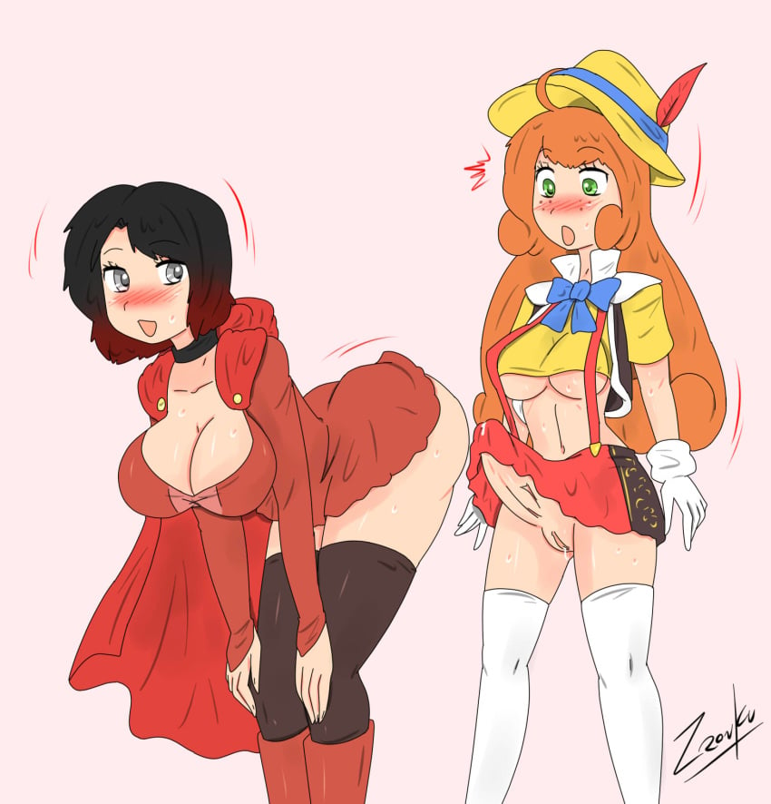 1futa 1girls bent_over cleavage clothed clothing costume duo female futa_sans_balls futanari getting_horny human imminent_sex little_red_riding_hood looking_at_butt motion_lines pale_skin partially_clothed penis_under_skirt penny_polendina pinocchio red_riding_hood ruby_rose rwby suspenders temptation tempting_another tracht underboob zronku