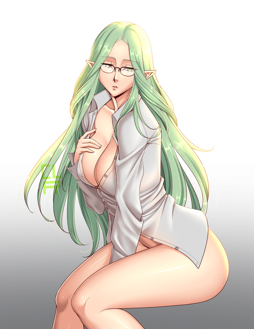 absurdres bespectacled breasts cleavage cleru_(cleruuuuu) female fire_emblem fire_emblem:_three_houses glasses green_eyes green_hair highres long_hair long_sleeves naked_shirt nintendo panties pointy_ears rhea_(fire_emblem) shirt simple_background solo underwear