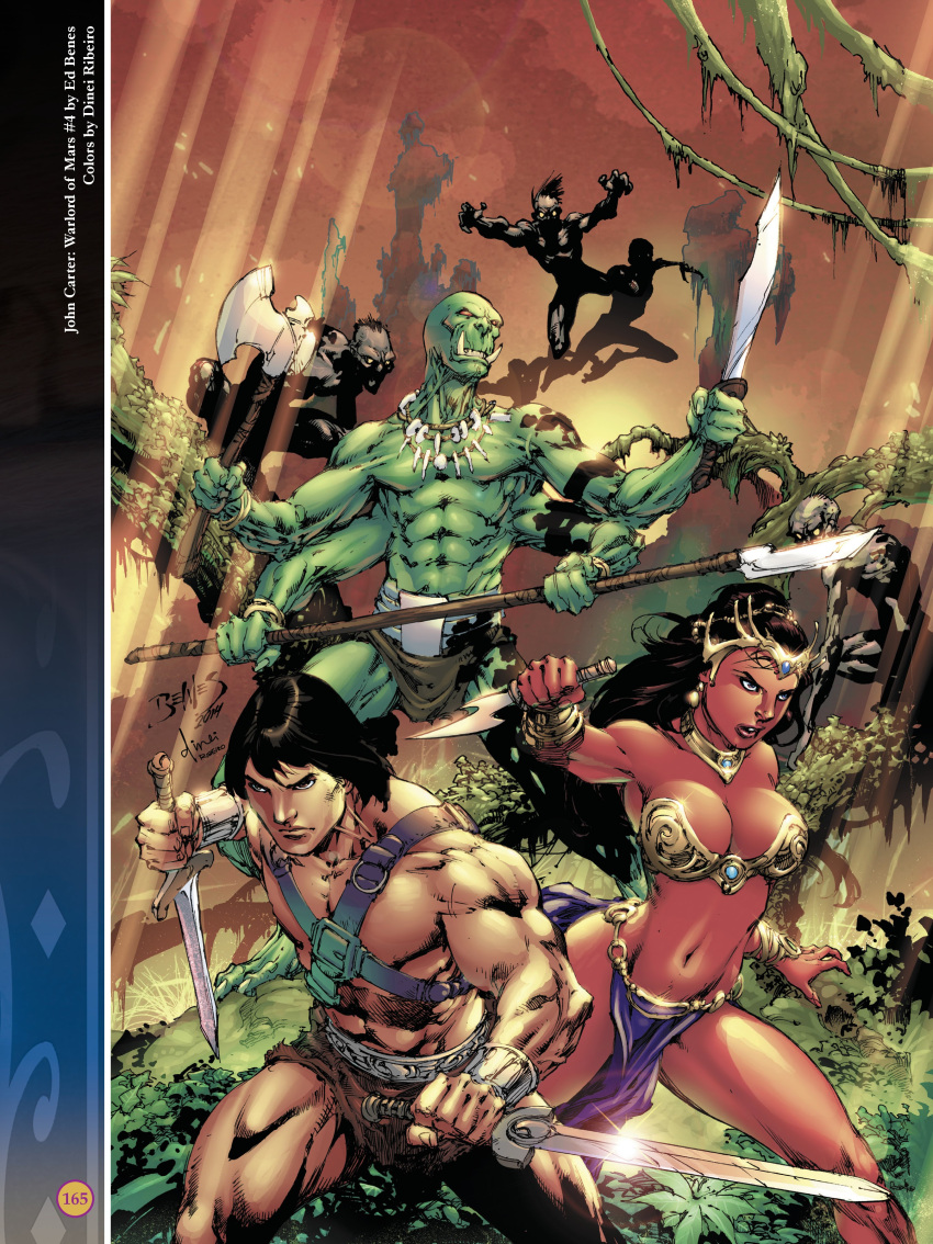 1boy 1girls a_princess_of_mars alien barsoom black_hair bracelet brown_eyes canon_couple cleavage dejah_thoris dinei_ribeiro dual_wielding ed_benes ed_benes_studio female fit_female green_eyes green_martian green_skin harness holding_weapon john_carter_of_mars jungle knife large_breasts loincloth long_hair male martian official_art pink_skin red_eyes royalty short_hair spear sword thick_thighs tiara voluptuous