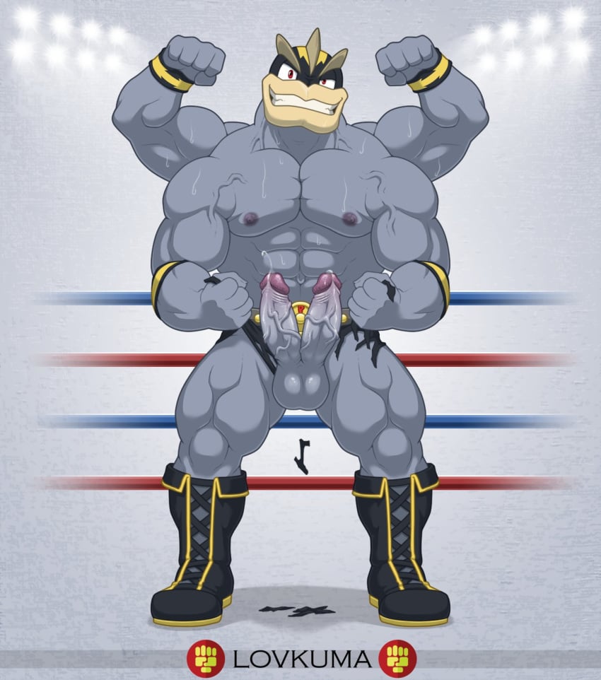 abs armband balls biceps bodily_fluids boots clothed clothing diphallia diphallism fighting_ring flexing footwear front_view genital_fluids genitals hi_res holding_clothing horizontal_diphallism humanoid humanoid_genitalia humanoid_penis lovkuma machamp male male_only mask multi_arm multi_genitalia multi_limb multi_penis muscular muscular_humanoid muscular_male nintendo nipples partially_clothed pecs penis pokémon_(species) pokemon pokemon_(species) precum smile smirk solo sports_mask sportswear sweat torn_clothing vein veiny_penis video_games wrestling_mask wristband