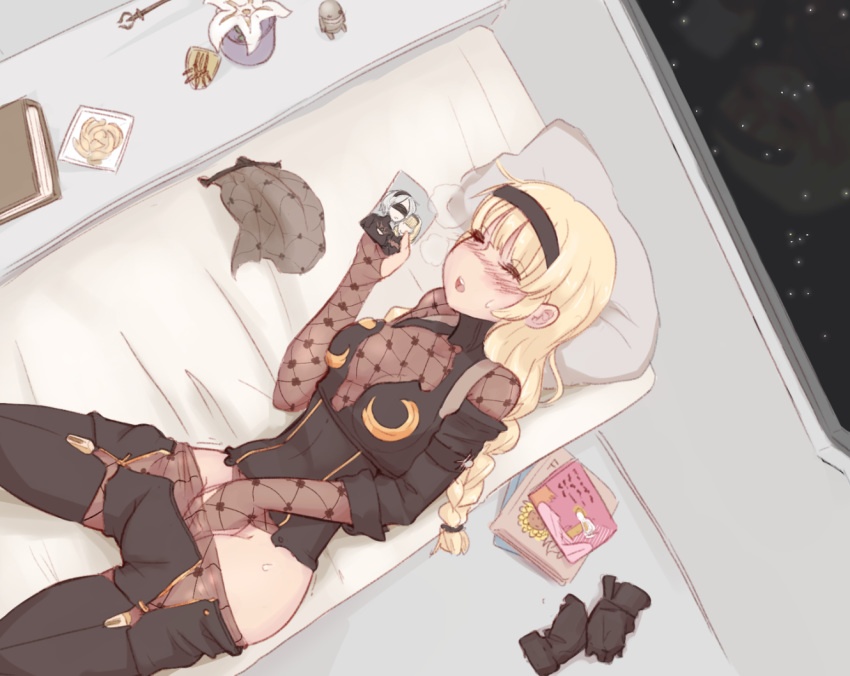 bed blonde_hair blush blushing braided_twintails breath closed_eyes fingering fingering_pussy fingering_self flower gloves_removed hairband highres hiwonoafu long_hair manga_(object) masturbation nier:_automata operator_6o pants_down photo_(object) solo solo_female space steamy_breath sweat sweatdrop yorha_2b yuri