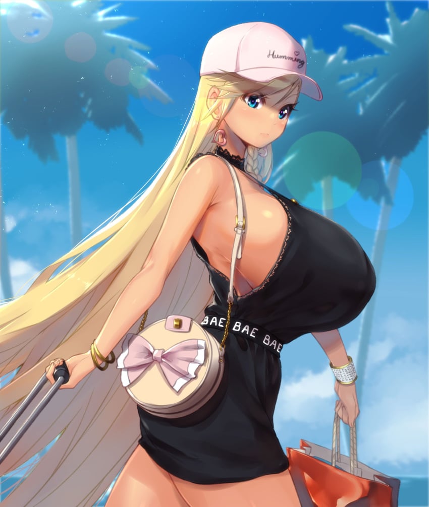 absurdres bag bare_shoulders belt black_dress blonde_hair blue_eyes bracelet braid breasts cap cloud dress earrings eyelashes female highres holding holding_bag huge_breasts jewelry lens_flare long_hair looking_at_viewer magister_(bigbakunyuu) muchigaku no_bra original outdoors palm_tree pandora_smith sagging_breasts shopping_bag short_dress shoulder_bag sideboob skindentation sky sleeveless sleeveless_dress solo sunlight tree very_long_hair walking