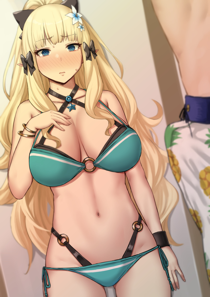 1boy 1girls bikini blonde_hair blue_eyes blush clothed curious embarrassed erection erection_under_clothes female go-m horny large_breasts looking_at_penis male nervous princess_connect! princess_connect!_re:dive saren_(princess_connect!) sweat sweating swimming_trunks