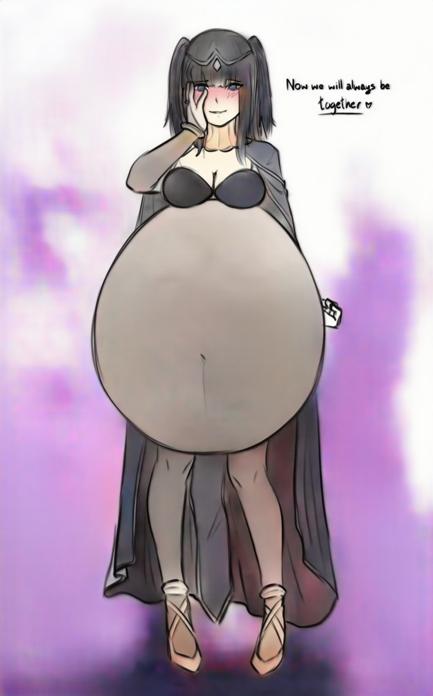 black_hair blush breasts cape cleavage colored edit english_text female fire_emblem fire_emblem_awakening hand_on_face huge_belly implied_unbirth implied_vore maiesen nintendo robin_(fire_emblem) short_hair tharja_(fire_emblem) transparent_clothing unbirthing vore yandere