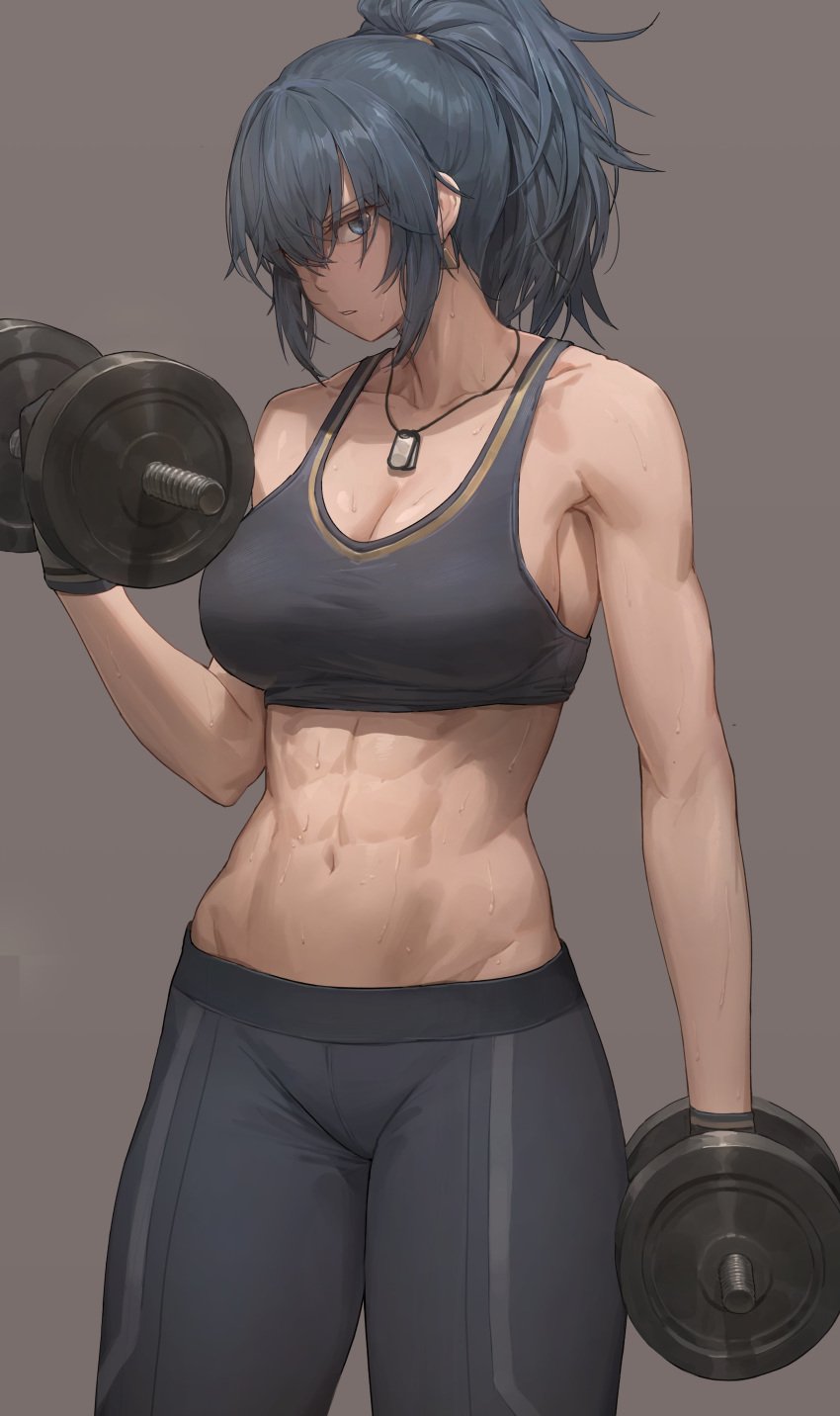 1girls abs absurdres breasts cleavage dumbells female girl_abs girly_abs highres king_of_fighters large_breasts leona_heidern muscles muscular muscular_female ponytail solo sports_bra toned toned_female weightlifting weights yohan1754