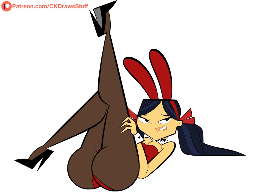 asian ass black_eyes black_hair breasts bunny_ears bunnysuit cleavage codykins123 collar female high_heels huge_ass kitty_(tdi) legs_up light-skinned_female light_skin lips looking_to_the_side patreon stockings the_ridonculous_race total_drama_island twintails url yellow-skinned_asian yellow_asian