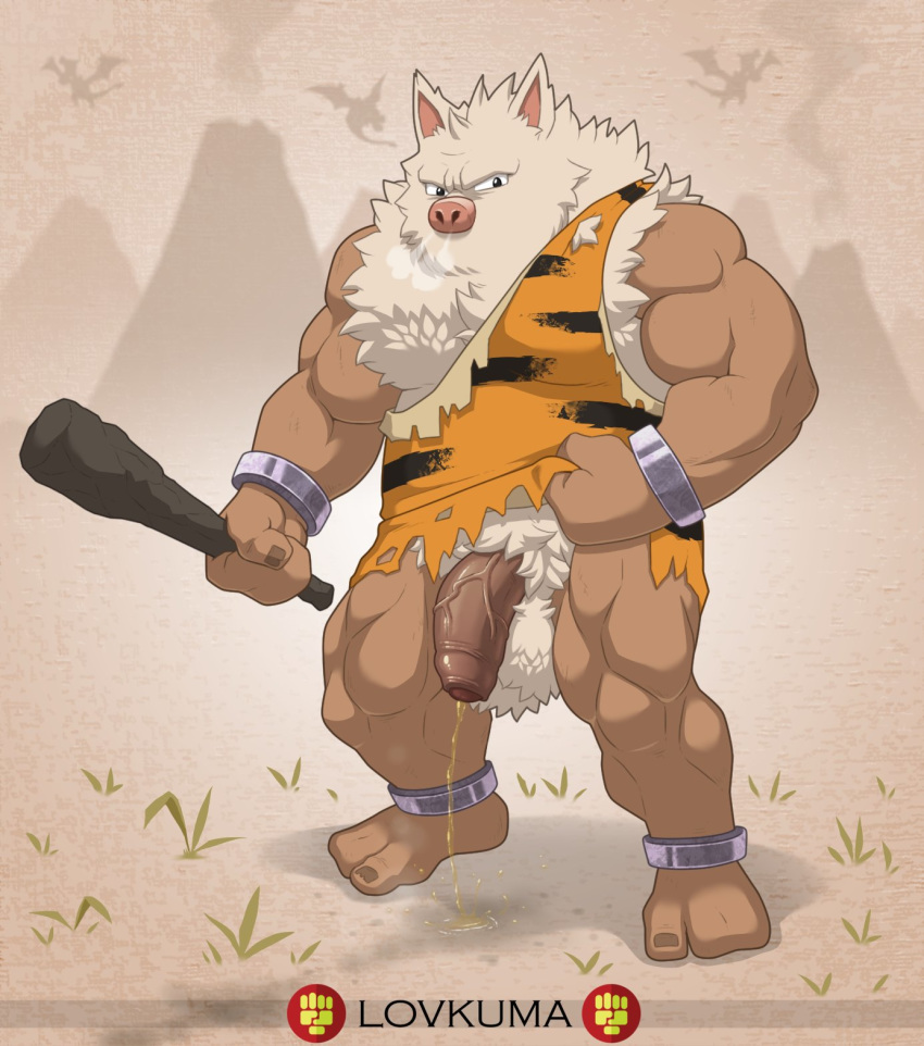 1male anklet anthro anthrofied balls ballsack bodily_fluids bracelet breath brown_body caveman clothed clothing clothing_lift club_(weapon) foreskin fur genital_fluids genitals hi_res holding_object holding_weapon humanoid_genitalia humanoid_penis ineffective_clothing intact jewelry looking_at_viewer lovkuma male male_only melee_weapon muscular muscular_anthro muscular_male nintendo partially_clothed partially_retracted_foreskin pecs peeing penis pokémon_(species) pokémorph pokemon primeape solo tan_body tan_fur uncut urination urine video_games volcano weapon