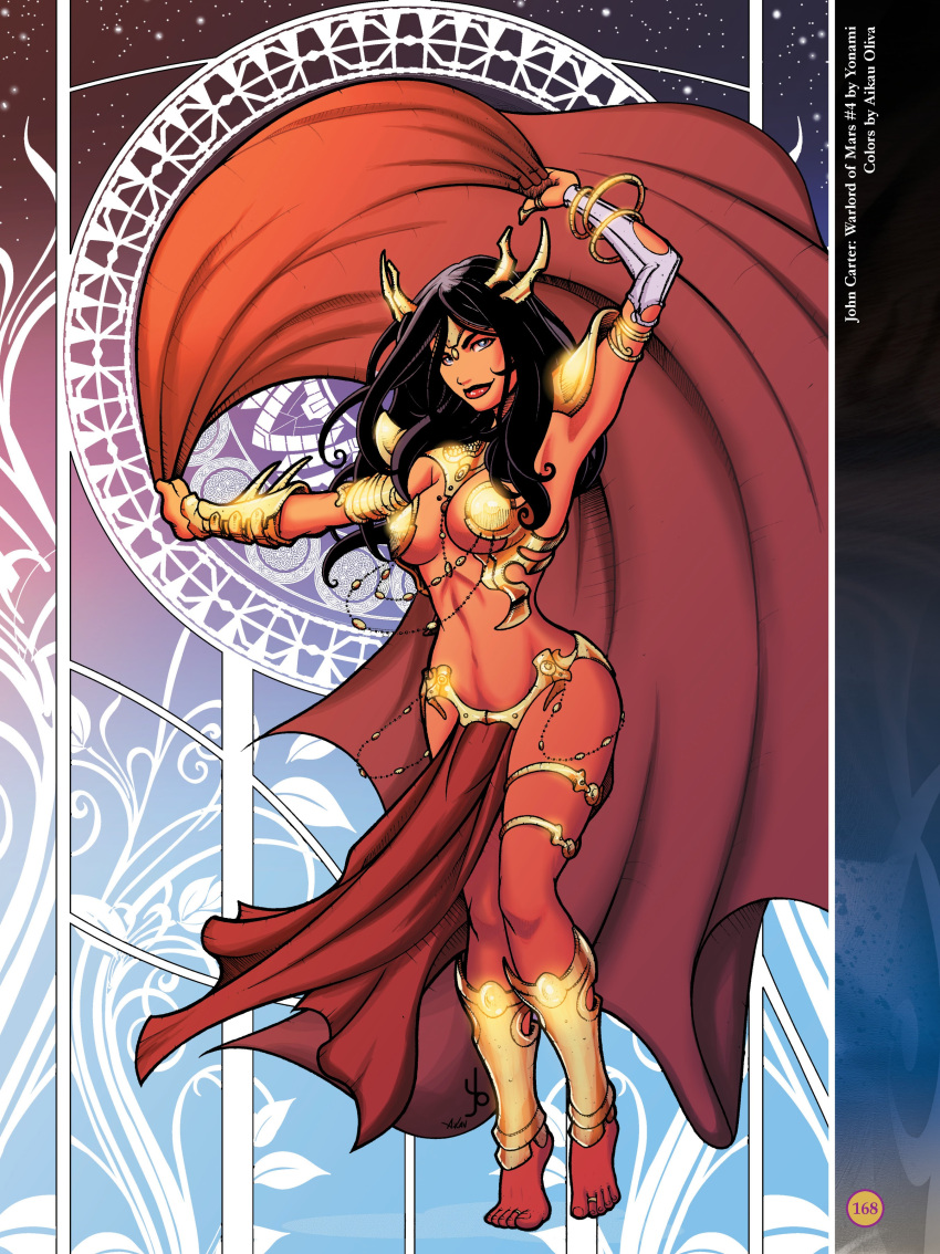 1girls a_princess_of_mars aikau_oliva anklet armlet barefoot barsoom black_hair blue_eyes bracelet cape cleavage crown dejah_thoris fit_female gold_pasties hourglass_figure john_carter_of_mars large_breasts loincloth long_hair looking_at_viewer martian official_art pink_skin royalty shoulder_armor smile thick_thighs yonami