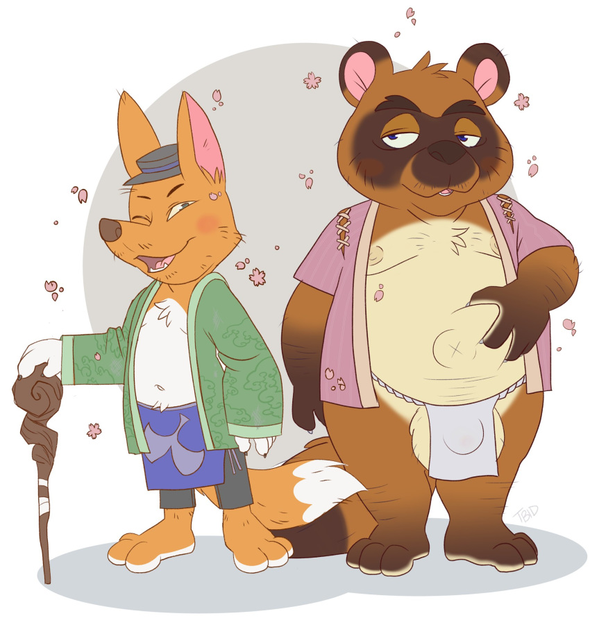 2020 animal_crossing anthro asian_clothing balls belly blush bottomwear brown_body brown_fur bulge canid canine celestial clothing crazy_redd duo east_asian_clothing fox fundoshi fur genitals hi_res japanese_clothing male male/male male_only mammal moobs nintendo nipples raccoon_dog shorts slightly_chubby tanuki tom_nook underwear video_games