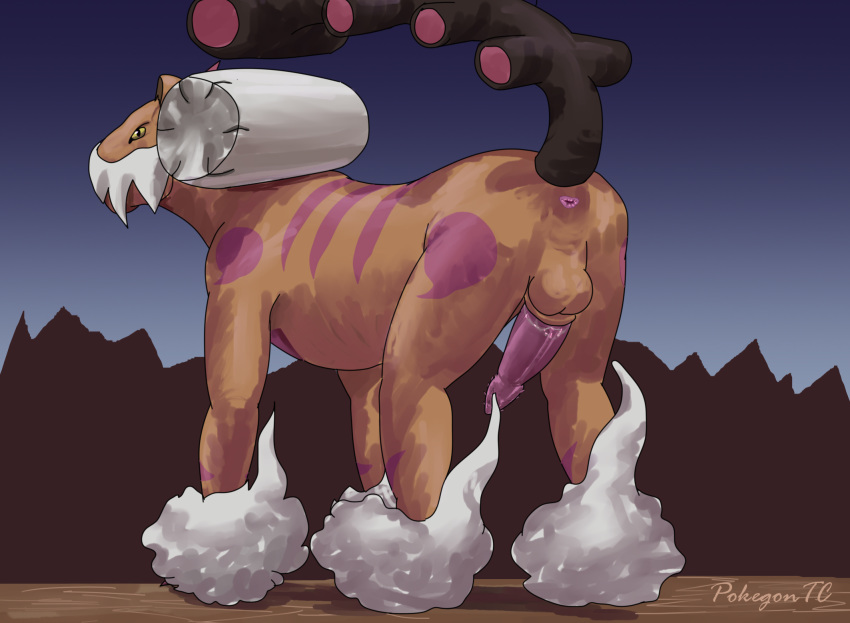 2020 animal_genitalia animal_penis anus balls digital_media_(artwork) erection facial_hair felid feral genitals hi_res landorus landorus_(therian_form) legendary_pokémon looking_at_viewer male mammal mountain moustache nintendo outside penile_spines penis pokémon_(species) pokemon presenting presenting_anus presenting_penis quadruped sky solo t-ace_juice video_games yellow_eyes