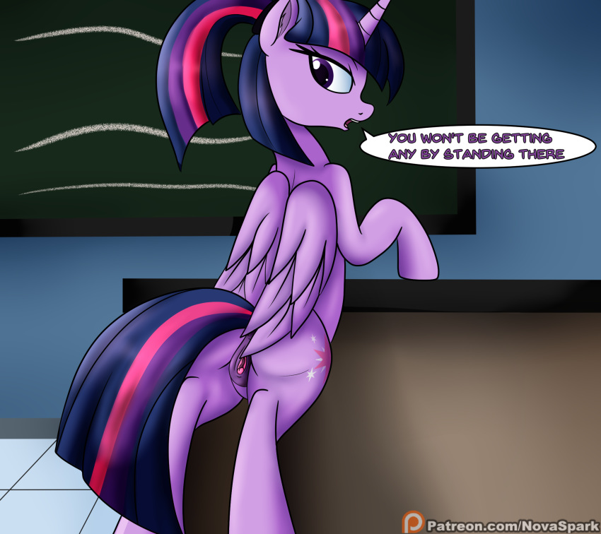 2019 alicorn animal_genitalia animal_pussy anthro anus ass blue_body chalkboard classroom clitoral_winking clitoris detailed_background dialogue english_text equid equine_pussy female friendship_is_magic furry genitals hair hasbro hi_res horn inner_ear_fluff inside looking_at_viewer looking_back looking_back_at_viewer mammal multicolored_hair my_little_pony novaspark nude open_mouth presenting presenting_anus presenting_hindquarters presenting_pussy purple_hair pussy raised_tail school solo speech_bubble talking_to_viewer text tuft twilight_sparkle_(mlp) wings