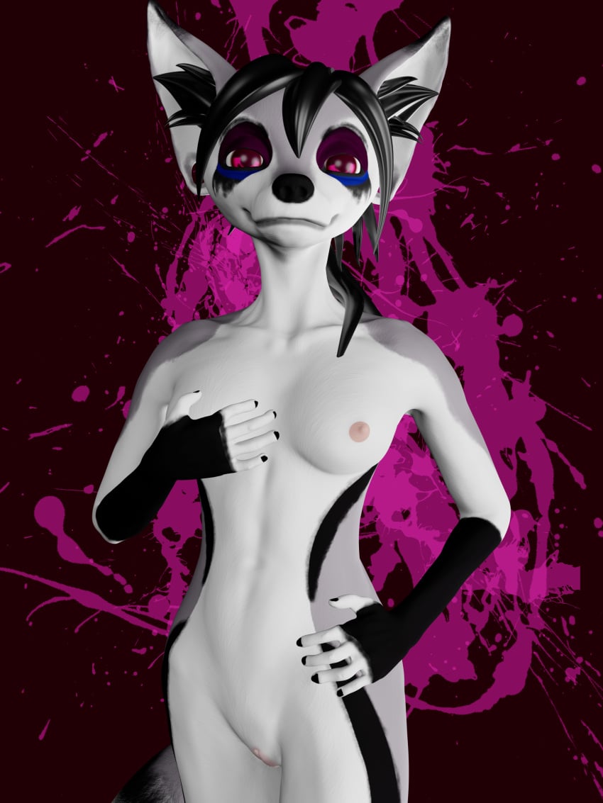 3:4 3d absurd_res anthro black_body black_fur canid canine canis collarbone ear_piercing female fingerless_(marking) flesh_tunnel fox frankie_(dragonfu) fur gauged_ear genitals gloves_(marking) grey_body grey_fur hair hi_res inner_ear_fluff mammal markings nipples piercing pussy shinyuu solo tuft white_body wolf