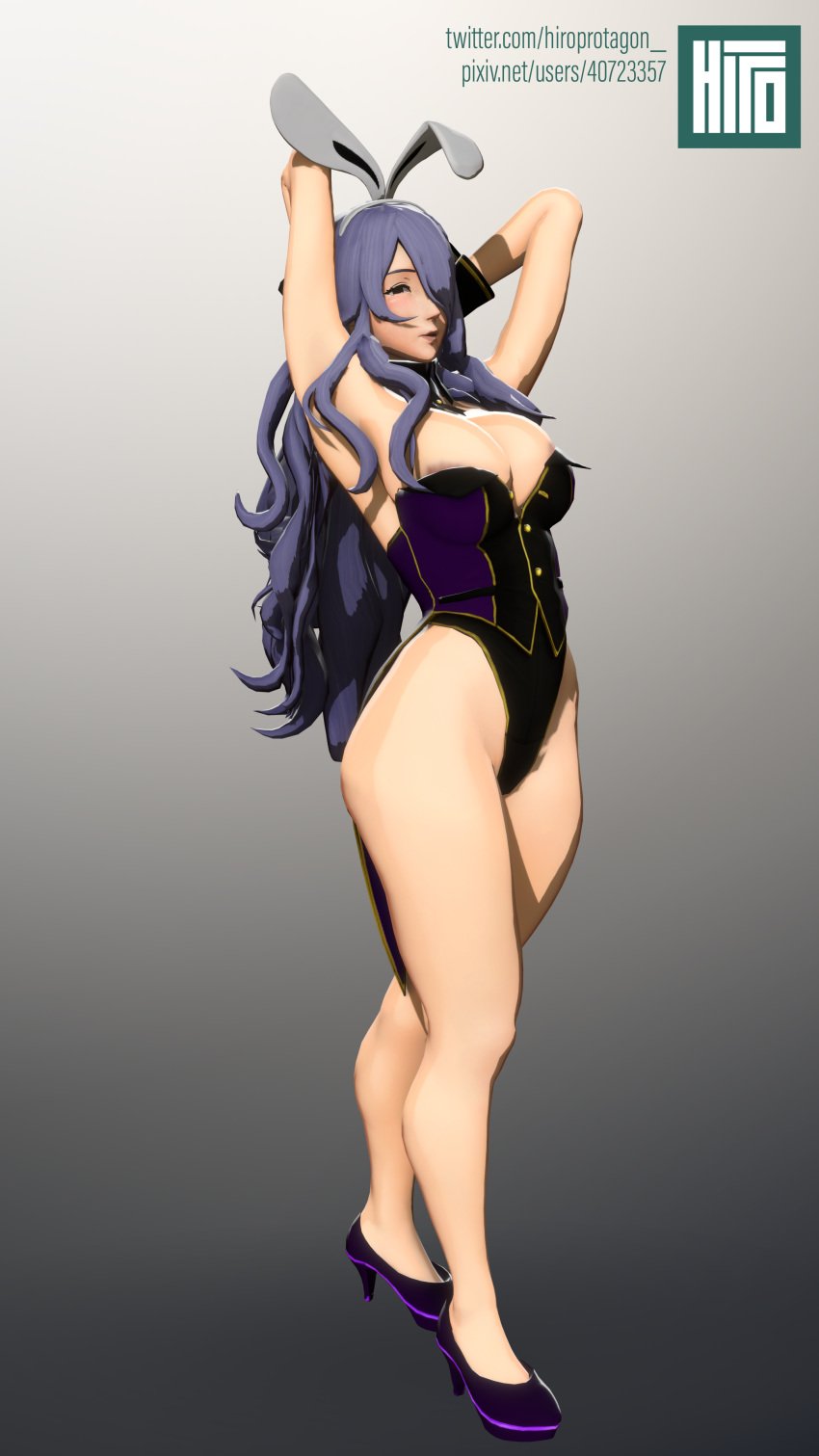 1girls 3d arms_behind_head arms_up bare_legs big_breasts brown_eyes bunny_ears bunny_girl bunnysuit camilla_(fire_emblem) camilla_(spring)_(fire_emblem) fire_emblem fire_emblem_fates gloves high_heels hiroprotagon huge_breasts large_breasts lips long_hair nintendo one_eye_covered purple_hair thick_thighs thighs wide_hips